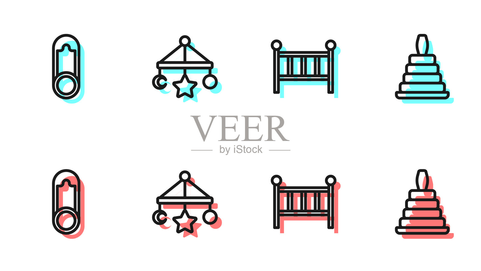 设置线婴儿床摇篮床衣服别针图标素材