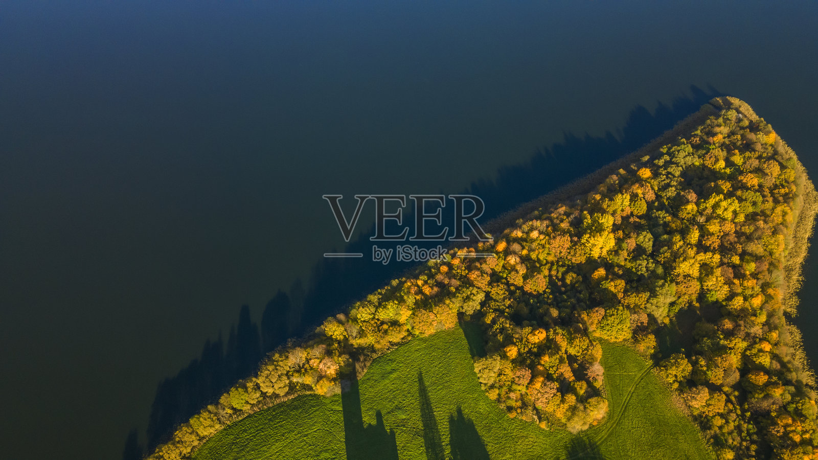 秋天的森林和湖泊。从上面看。在晴朗的秋日空中拍摄的一个湖上的岛屿。照片摄影图片