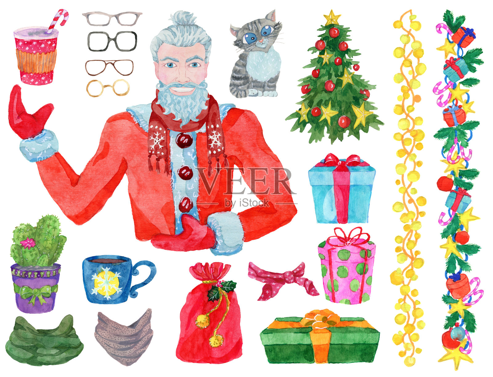 集微笑的圣诞老人嬉皮士，眼镜，包装的礼物盒，针叶树，有趣的猫孤立在白色。旧时时髦的新年绅士。插画图片素材