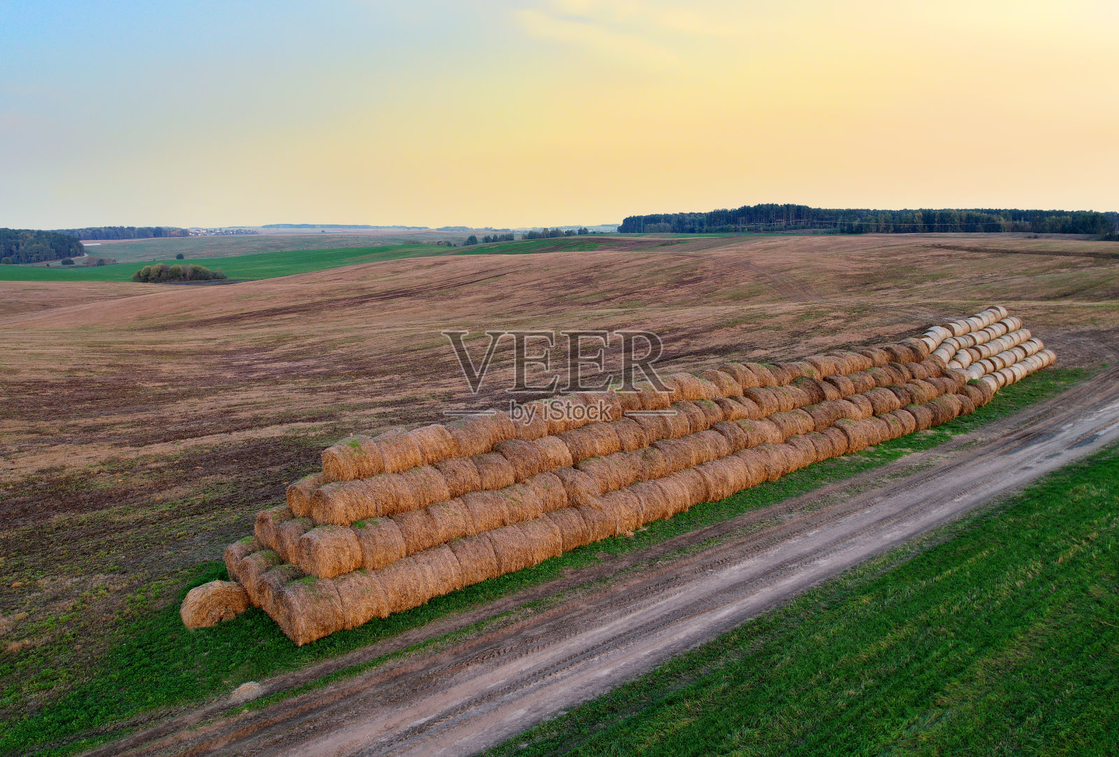 农场附近的干草仓库，鸟瞰图。为冬天的动物饲料准备的干草堆垛干干草露天存放。照片摄影图片