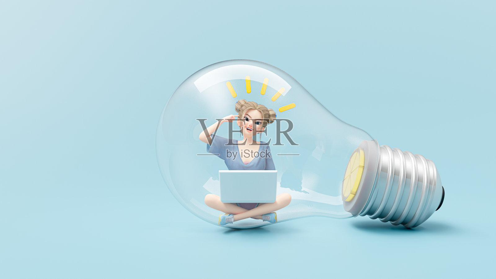 小女孩用电脑获得创意。照片摄影图片