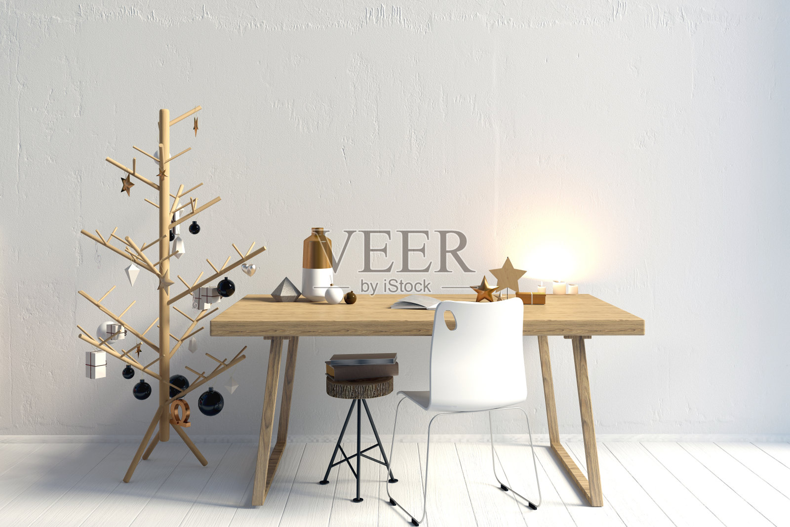 现代圣诞室内工作桌，斯堪的纳维亚风格。墙模型。三维演示照片摄影图片