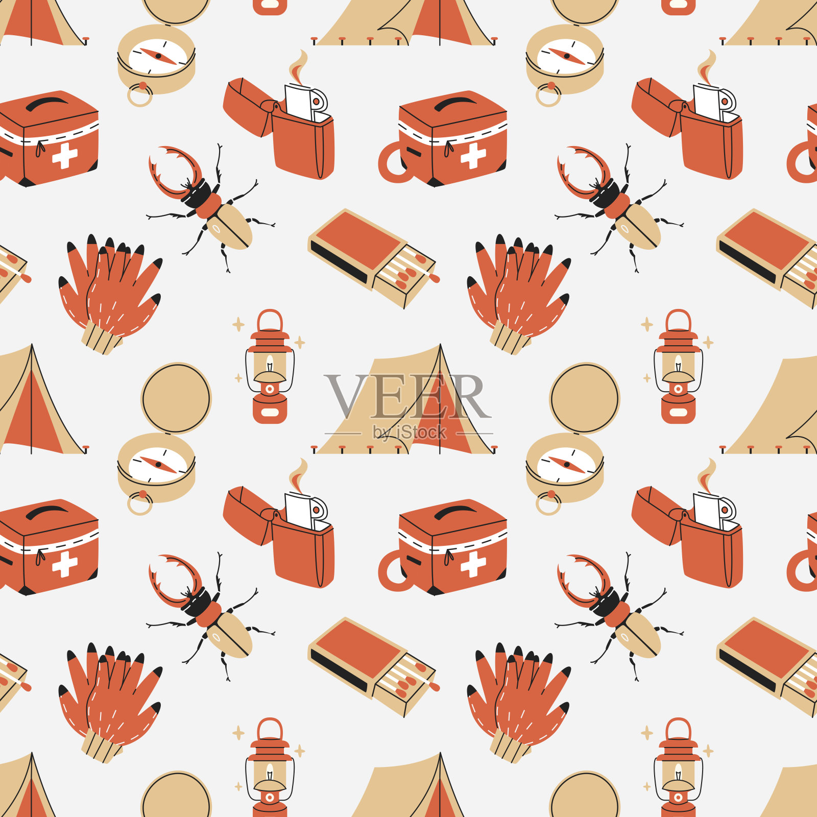 野营在树林无缝模式矢量插图。生存工具包纹理设计。插画图片素材