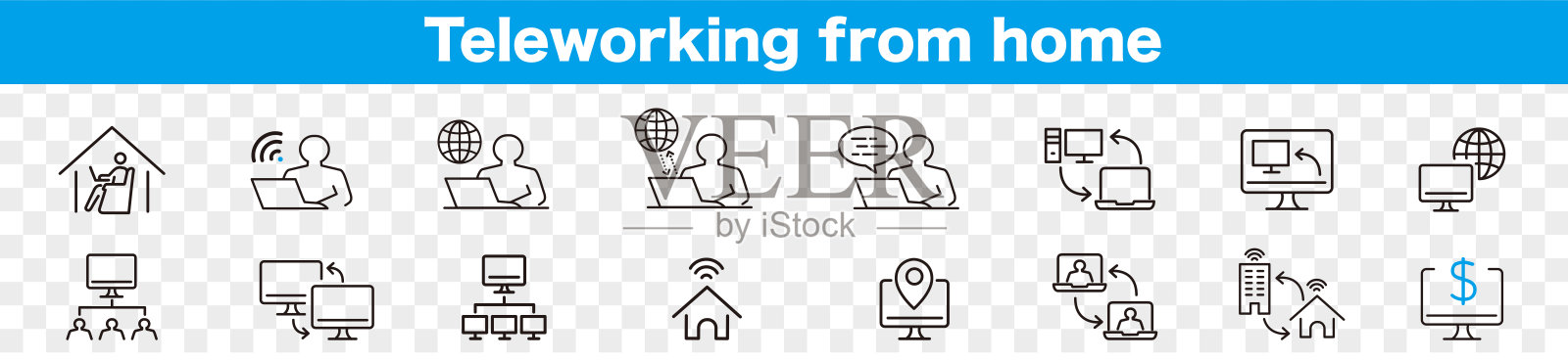 自由工作者，在家工作，笔记本电脑，电脑显示器，工作空间，线图标向量。插画图片素材