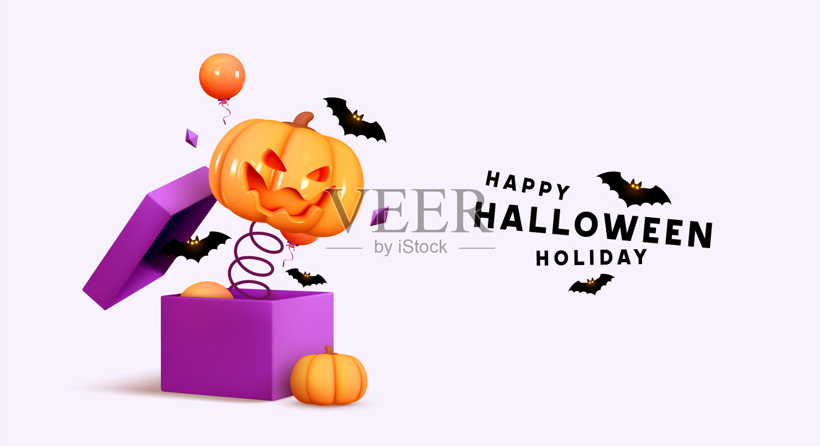 万圣节的节日设计。可怕的南瓜头跳出来。打开礼物盒。逼真的3d南瓜，脸上带着可怕的微笑。网页横幅，派对海报，广告小册子，传单。矢量图设计模板素材