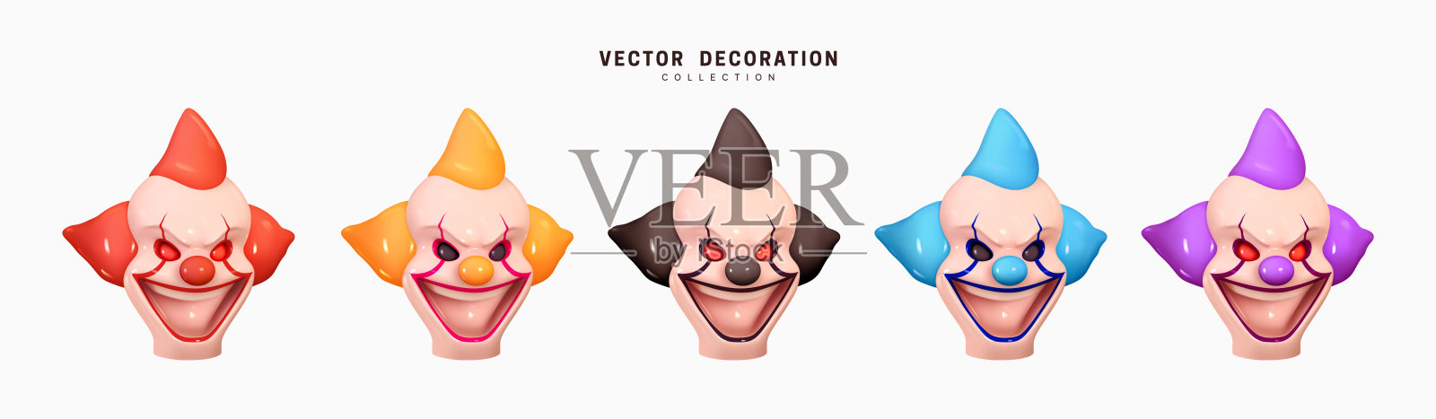 小丑的头和邪恶的微笑在他的脸上。现实的三维设计。元素装饰节日，万圣节，生日。不同颜色的小丑橙色，黑色，红色，紫色和蓝色。矢量图插画图片素材