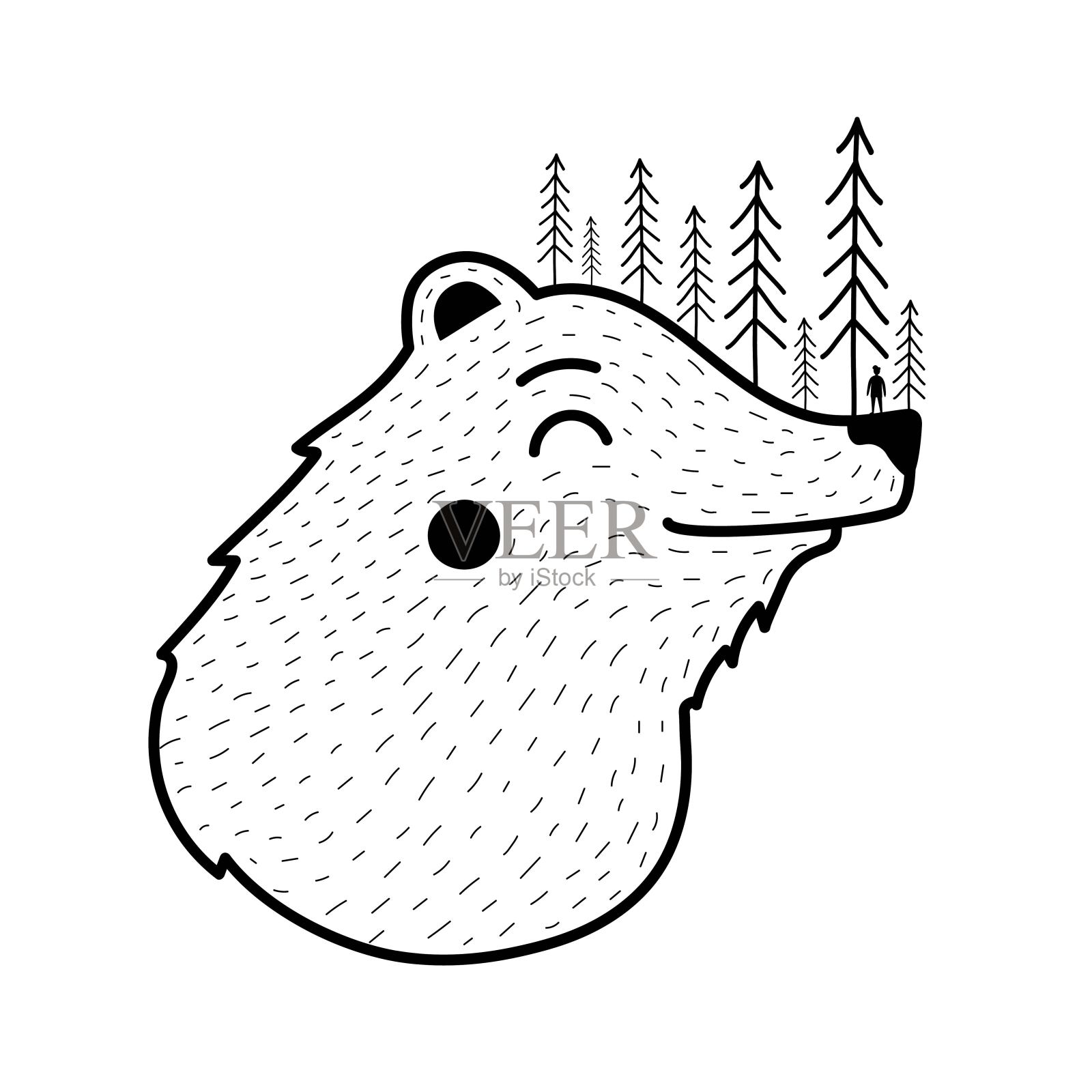 矢量插图与熊头，松树和男人剪影。插画图片素材