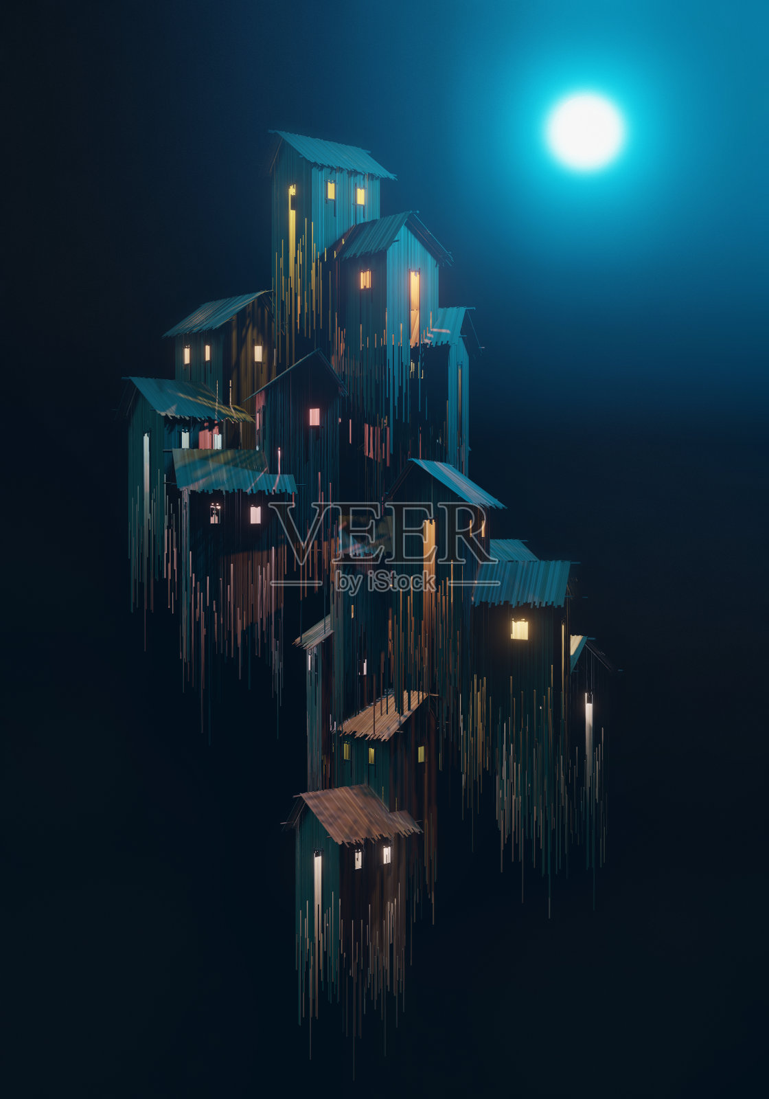 一组哥特式房屋在月光下的黑色背景，3d数字生成的图像插画图片素材