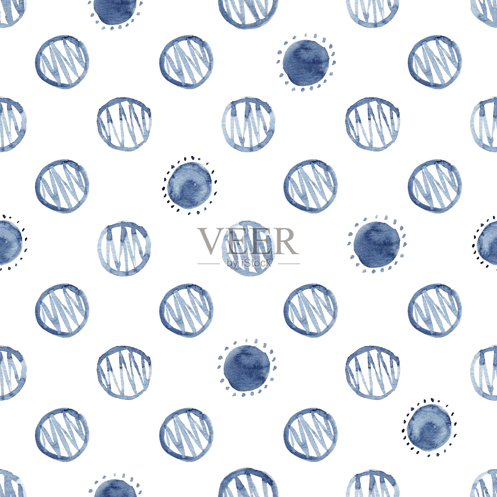 手绘水彩无缝图案。抽象蓝色靛蓝背景剪贴画。插画图片素材