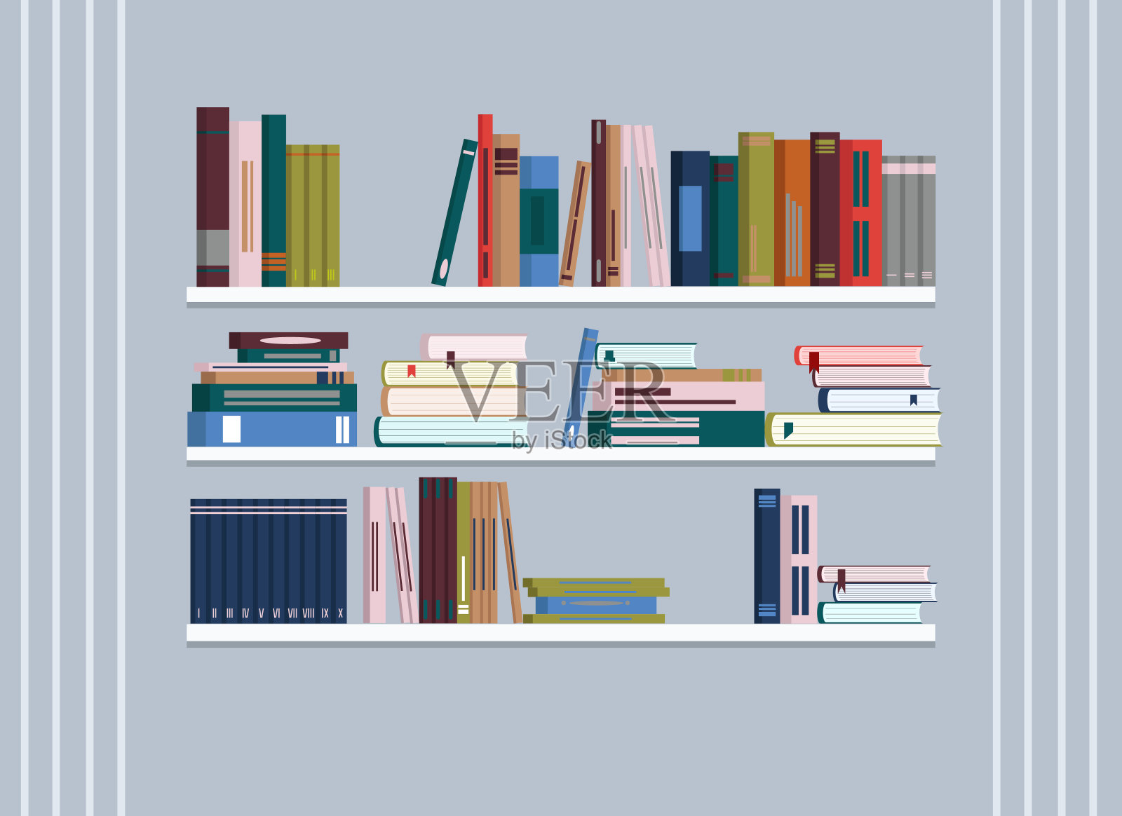墙上有书架，里面有很多书插画图片素材