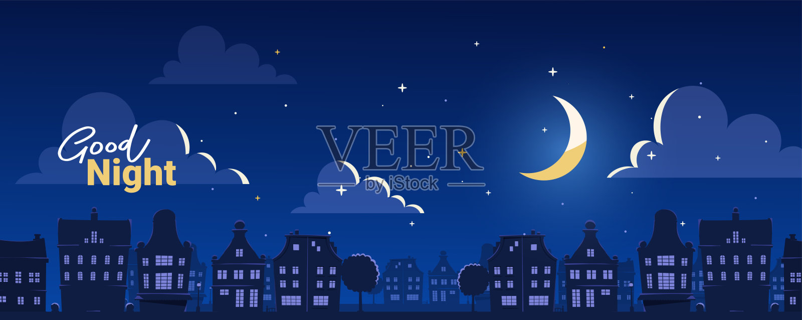 矢量插图的剪影夜间城市街道在深蓝色的天空背景与云和发光的月亮。带有文本的平面样式设计插画图片素材