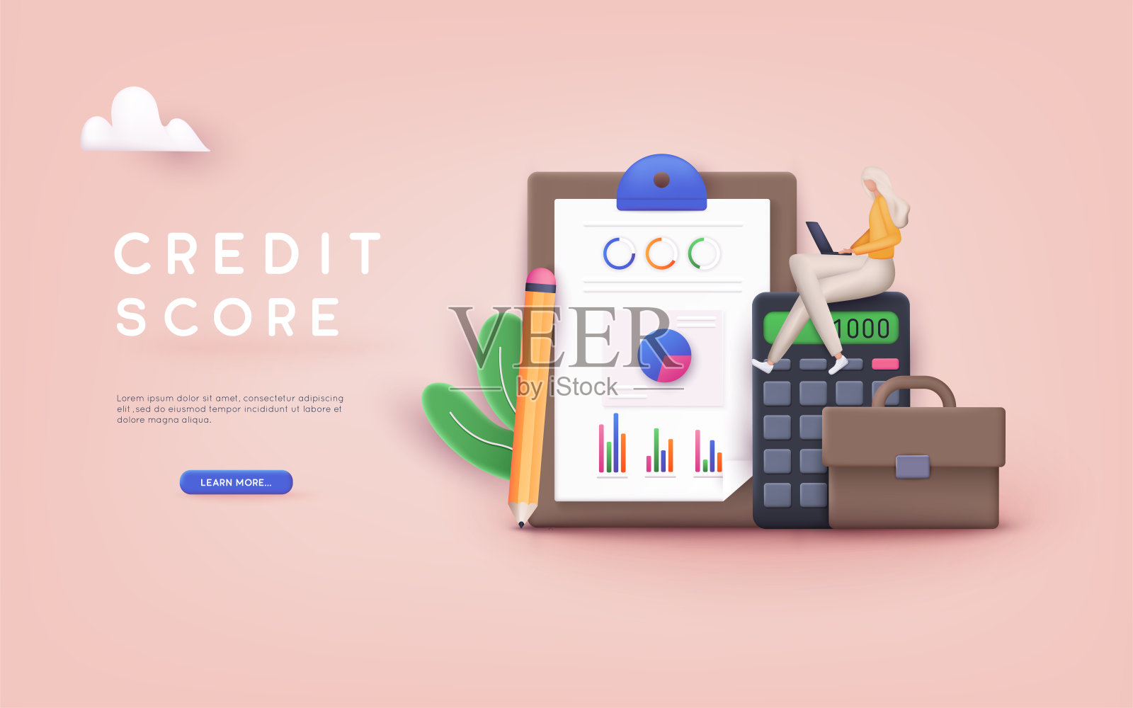 信用分数的概念。个人信用评分信息的展示，网页。3D网络矢量插图。插画图片素材