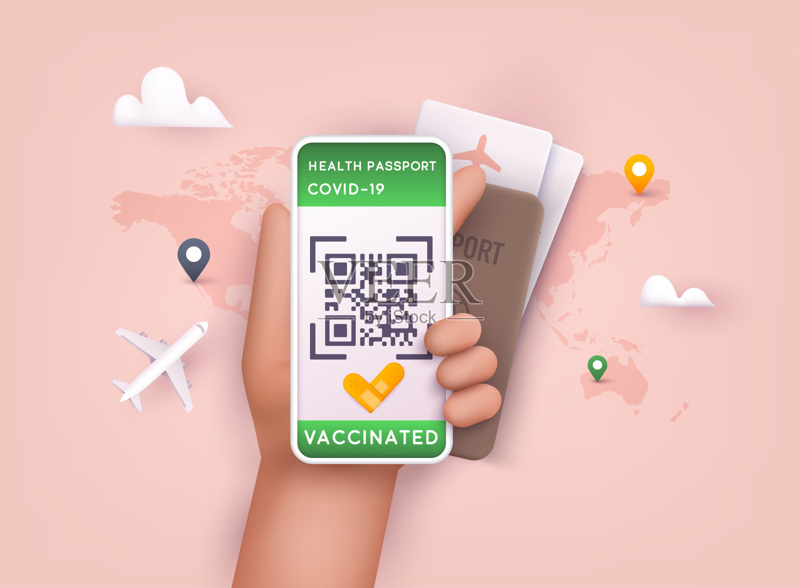 数字健康护照手机应用程序的旅行。Covid-19大流行。3D网络矢量插图。插画图片素材