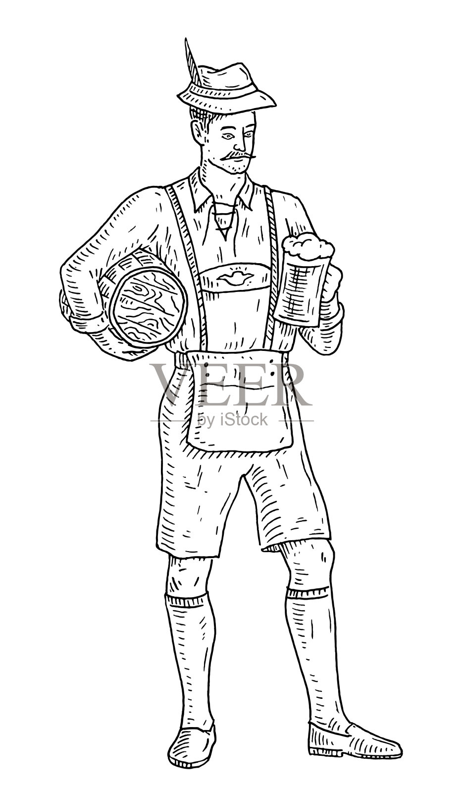 身穿巴伐利亚传统短裤的男子手持啤酒杯和啤酒桶。的雕刻插画图片素材