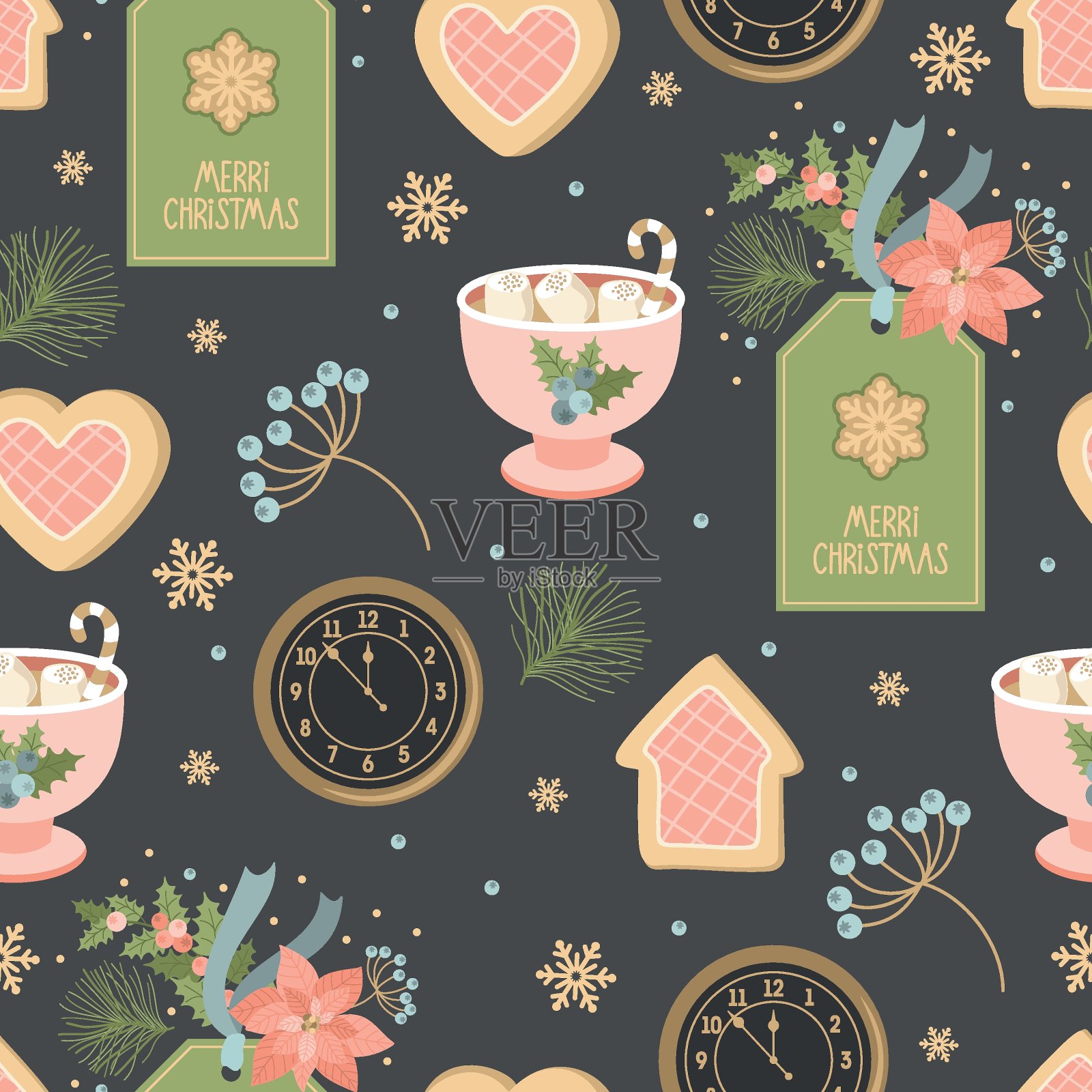 无缝的图案与圣诞树枝，浆果和其他节日物品。时髦的复古风格。矢量插图。插画图片素材