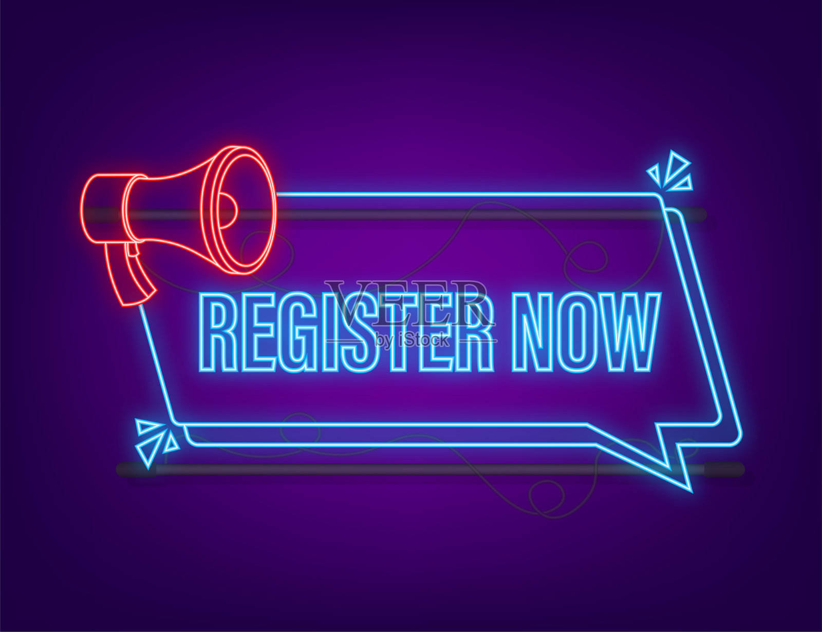 带有“立即注册”字样的扩音器标签，霓虹灯图标，网页设计，矢量库存插图插画图片素材
