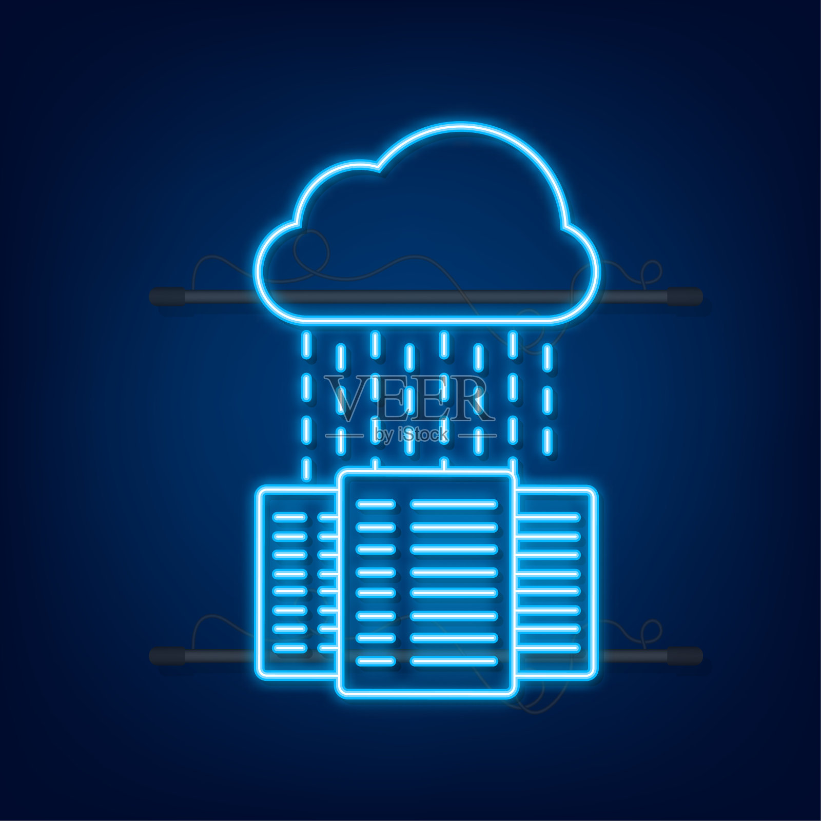 数据中心。霓虹灯图标。主机服务概念横幅，服务器机架。服务器的房间。矢量图插画图片素材