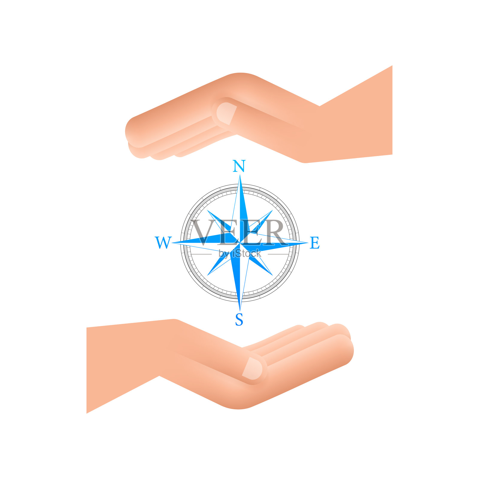 指南针图标在白色背景上的手。平面矢量导航符号。矢量插图。设计元素图片