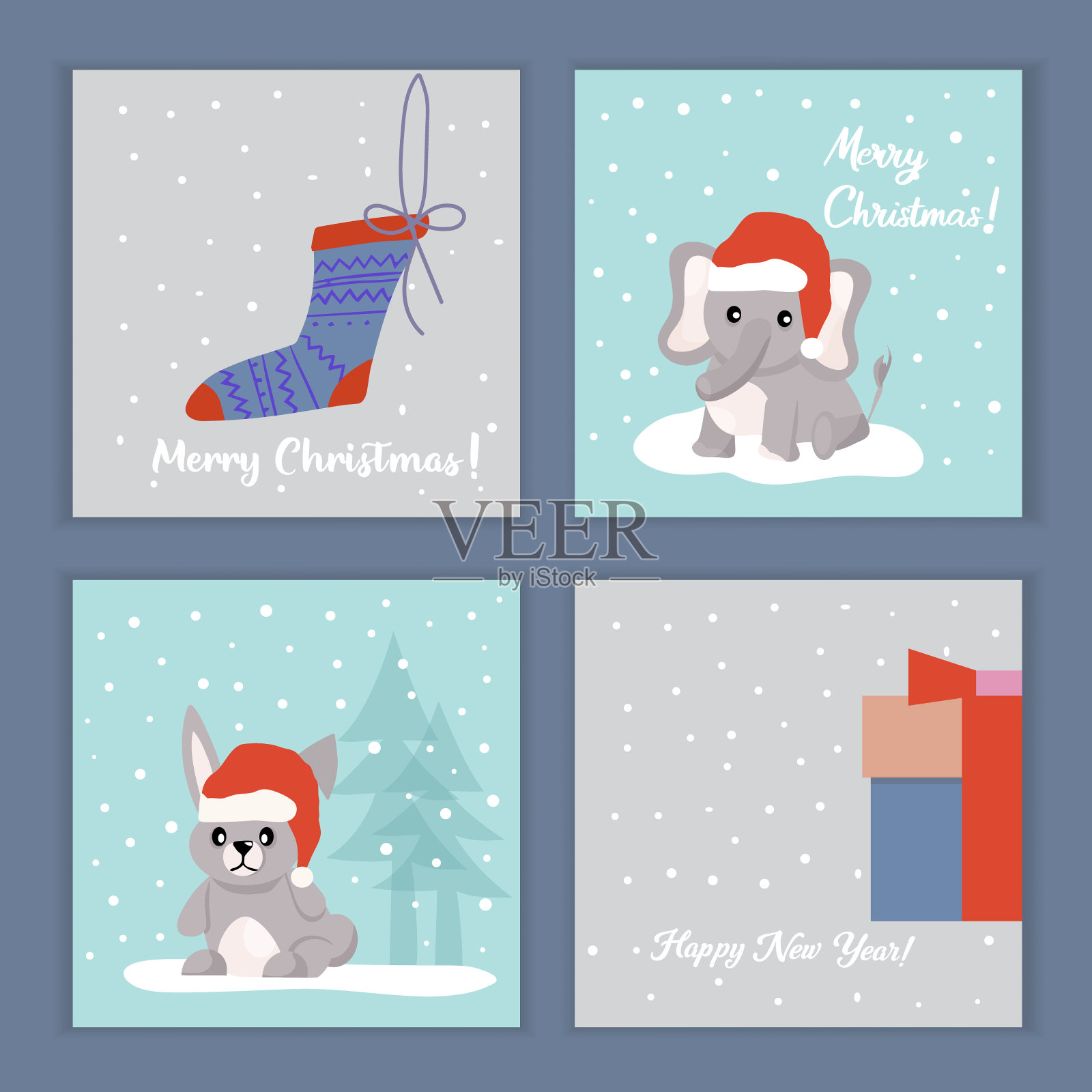 圣诞贺卡上有可爱的动物戴着圣诞老人的帽子，带有节日的元素。矢量图设计模板素材