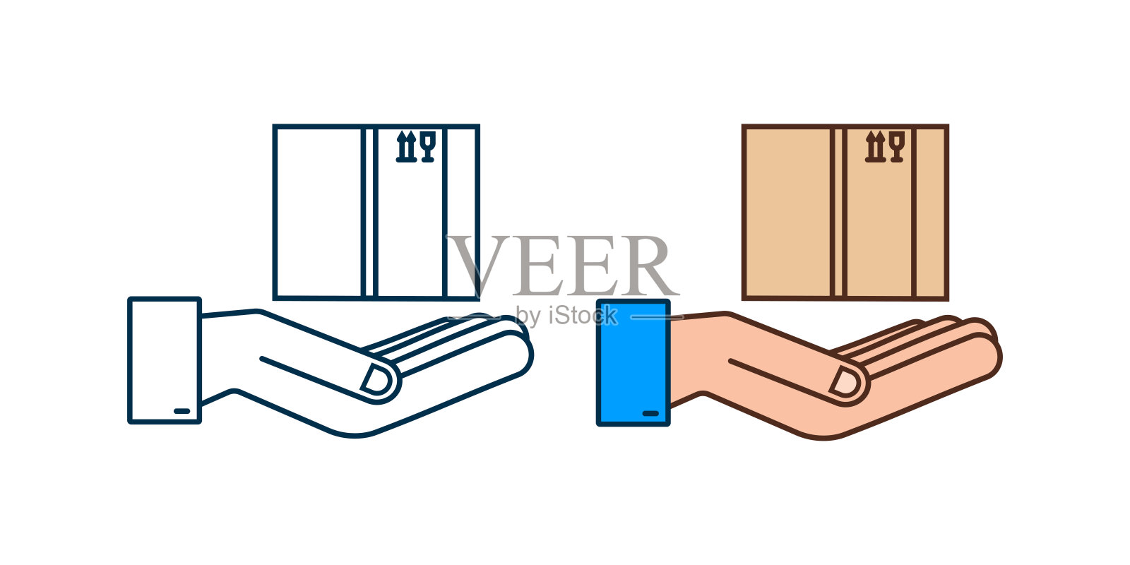 纸箱包裹打开，盒子在手中。船舶交付的象征。礼盒图标。矢量插图。插画图片素材