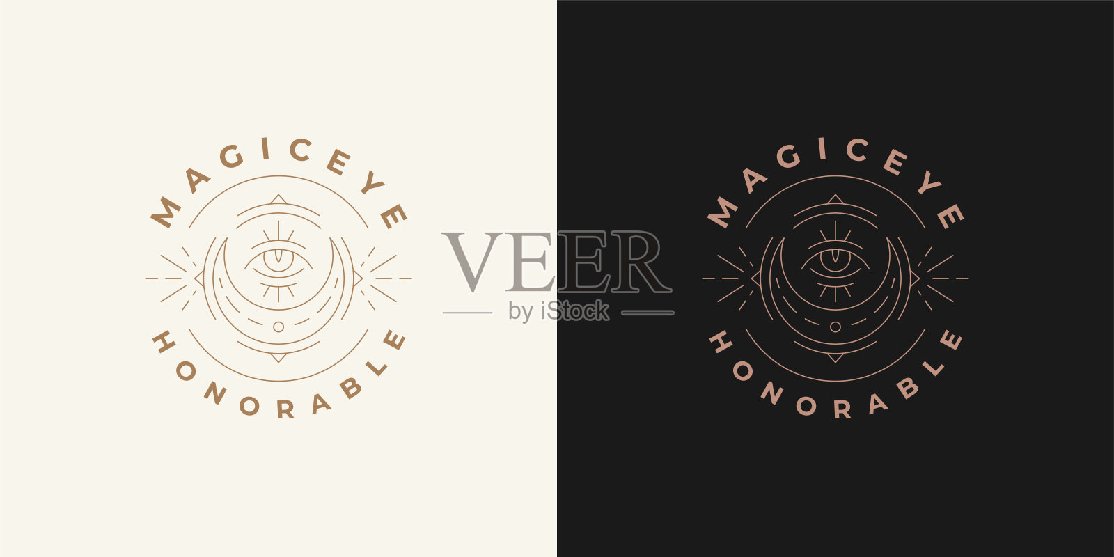 神奇的手与新月符号标志设计模板矢量插图在最小的线条艺术风格设计元素图片