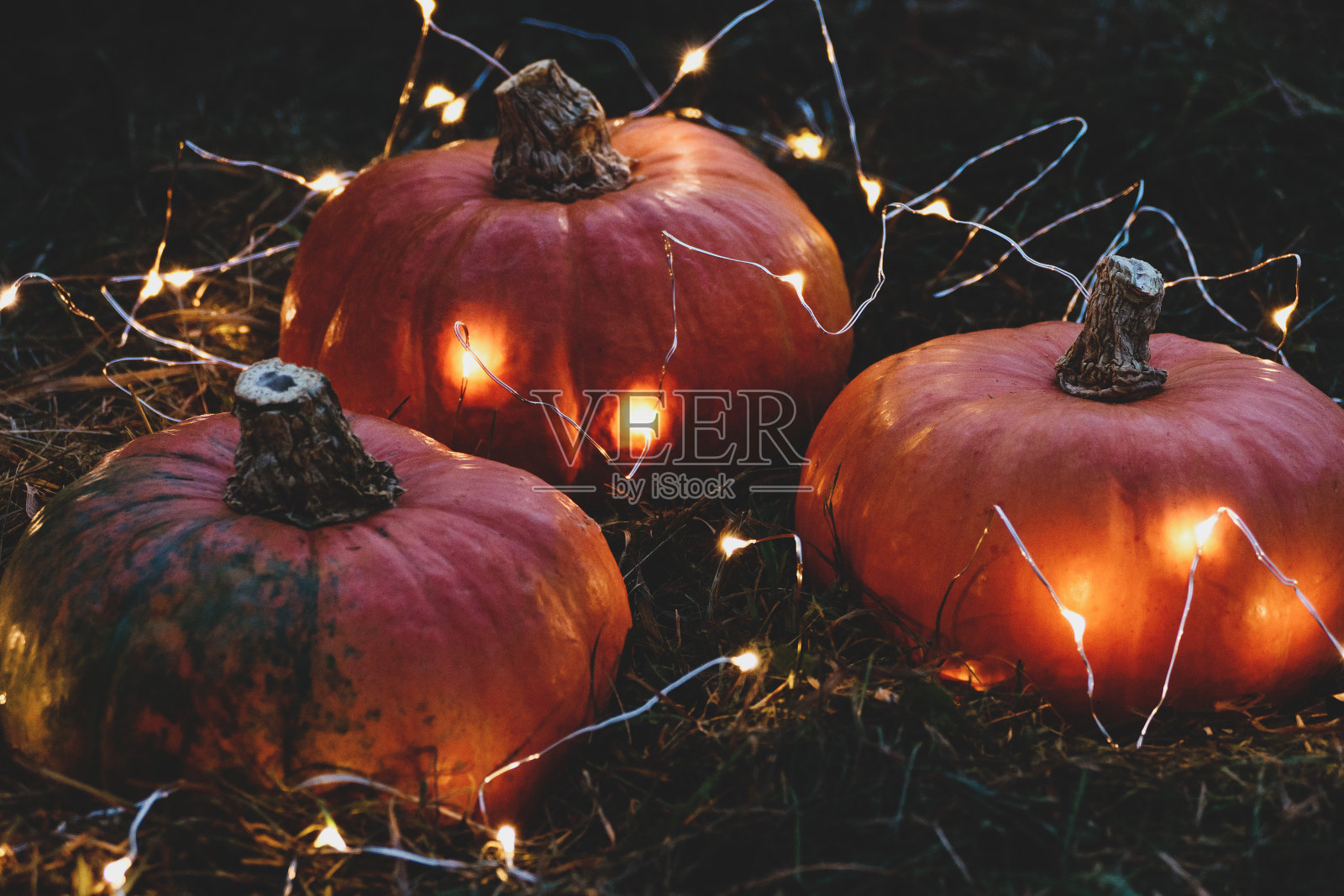 模糊的节日背景与南瓜和灯，万圣节和感恩节派对装饰照片摄影图片