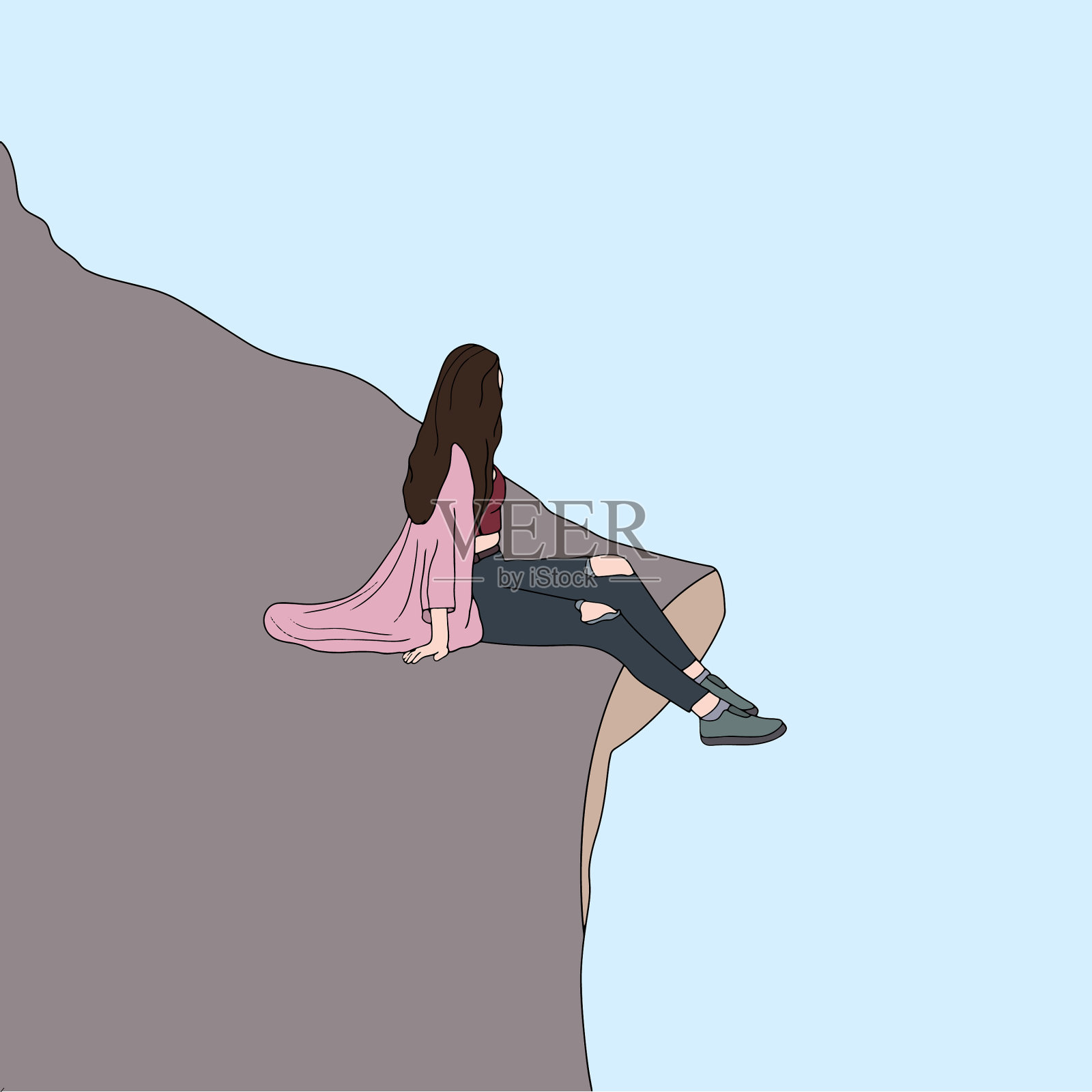 女孩坐在山的角落手绘插画图片素材