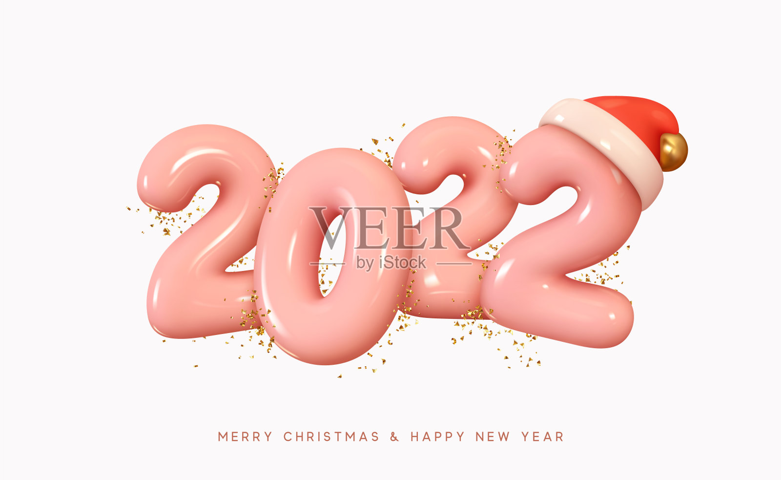2022年新年快乐。数字塑料制成卡通风格。圣诞装饰。现实的3d渲染粉红色标志。2022年庆祝聚会。圣诞海报，横幅，封面卡片，小册子，传单，布局设计设计模板素材