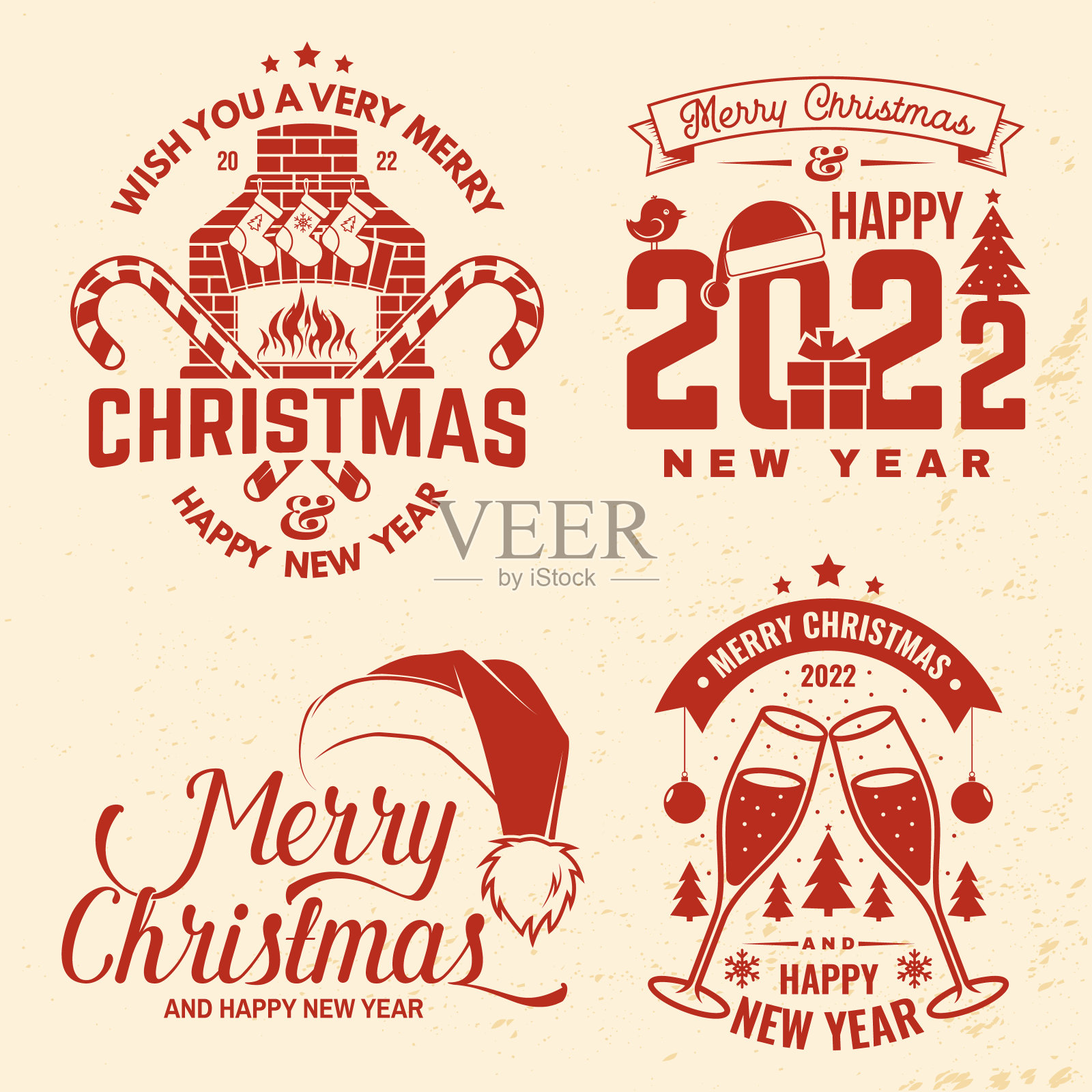 圣诞新年香槟壁炉贴纸矢量素材插画图片素材