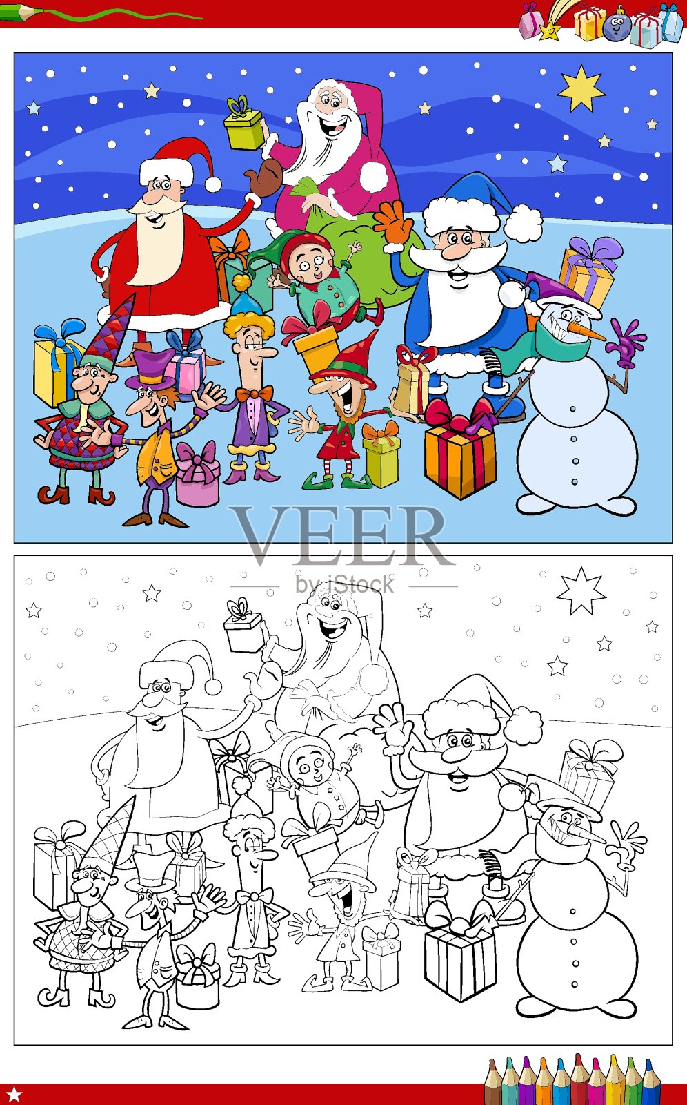 卡通圣诞人物组涂色书页插画图片素材