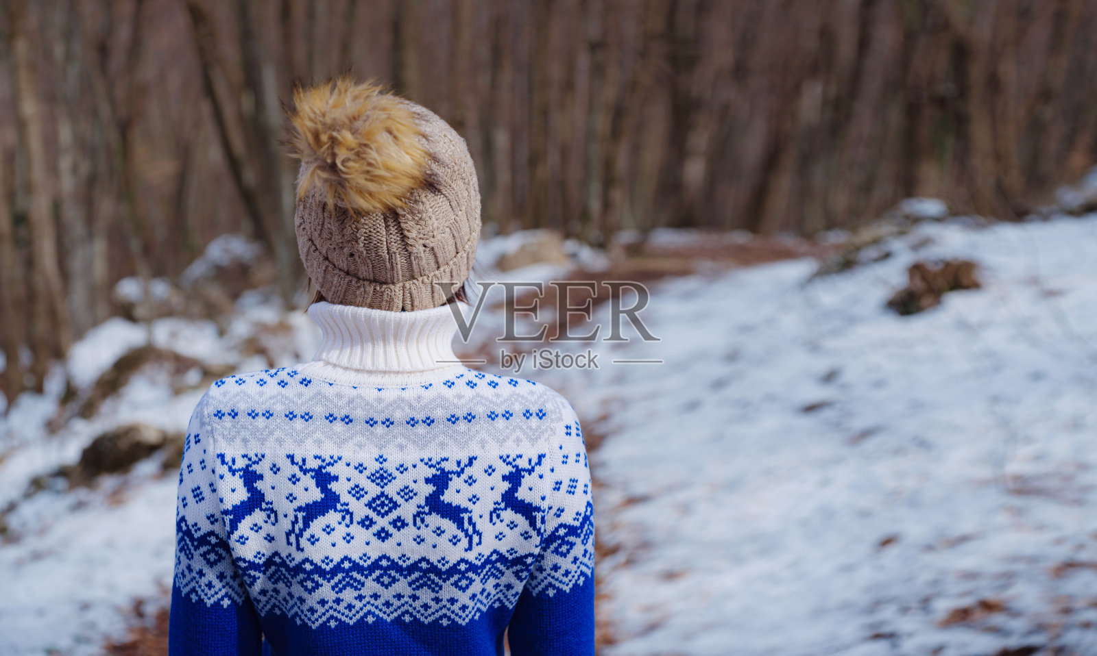 美丽的女人站在冬天的森林里照片摄影图片
