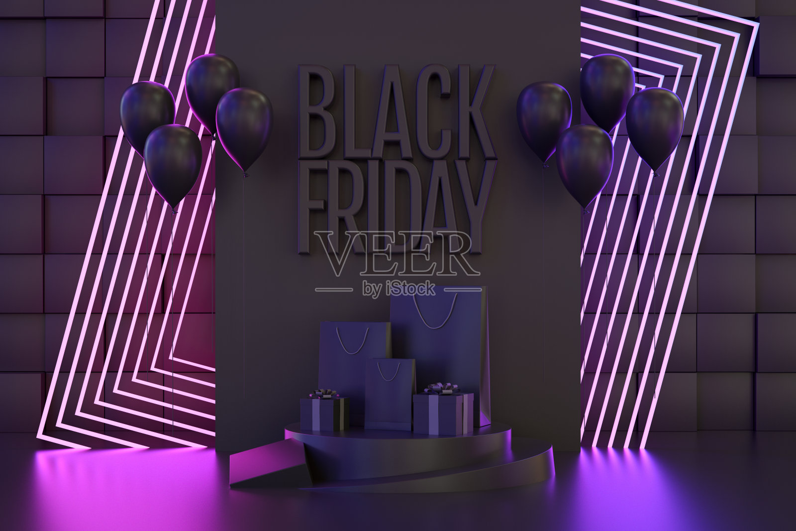 3D黑色星期五概念，礼品盒和购物袋与霓虹灯在黑色背景照片摄影图片