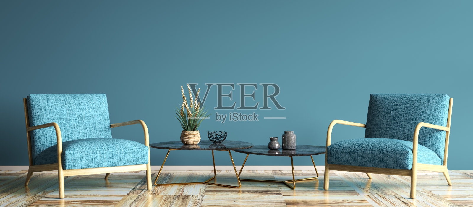 室内有蓝色扶手椅和两套咖啡桌在现代客厅，家居设计3d渲染照片摄影图片