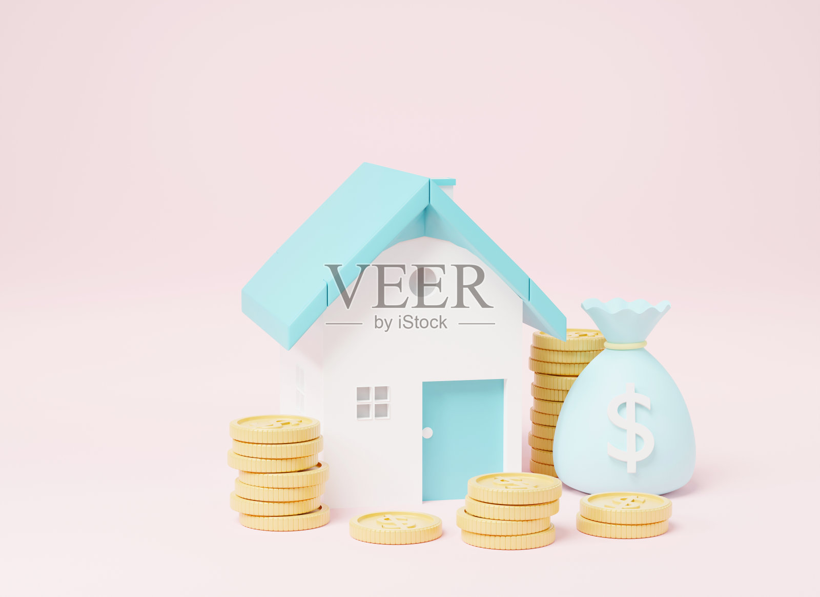 房子，硬币和钱袋上粉红色的背景，房地产投资房地产的经营理念照片摄影图片