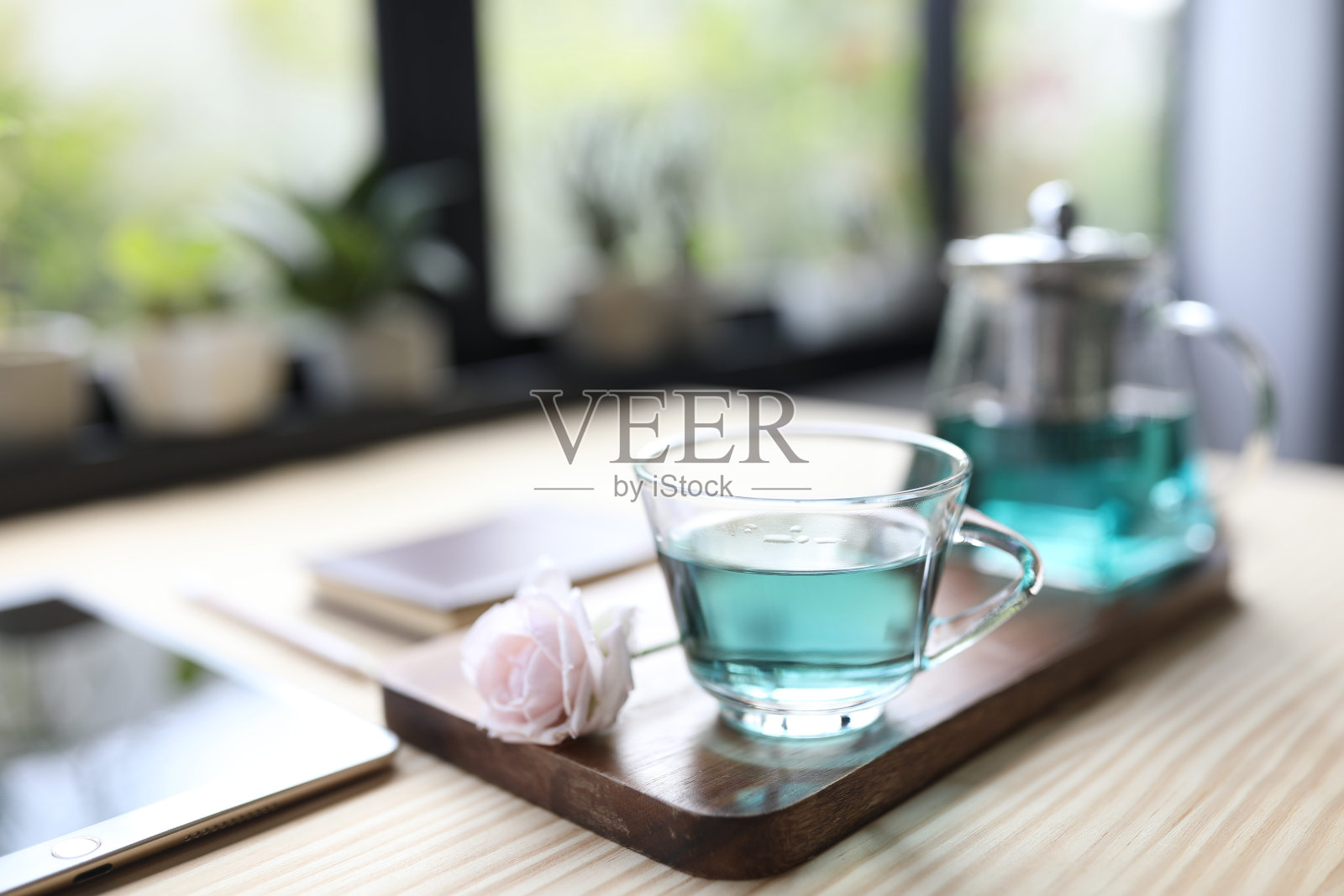 蝴蝶豌豆茶汁和玫瑰照片摄影图片