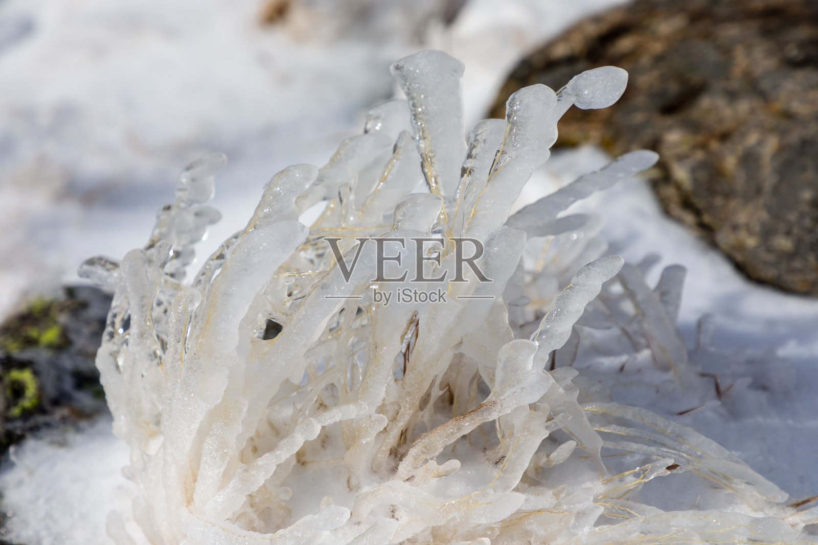 马德里瓜达拉马山脉的冰雪覆盖着拉古纳斯德佩纳拉拉山脉的冰柱照片摄影图片