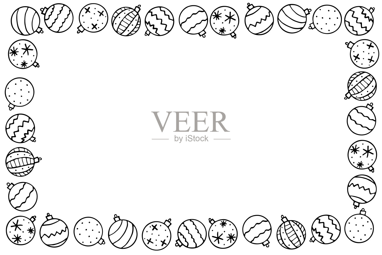 在涂鸦风格的轮廓圣诞树球的矢量框架。手绘背景，边界，装饰冬季装饰，贺卡，请柬。圣诞快乐，恭贺新禧插画图片素材
