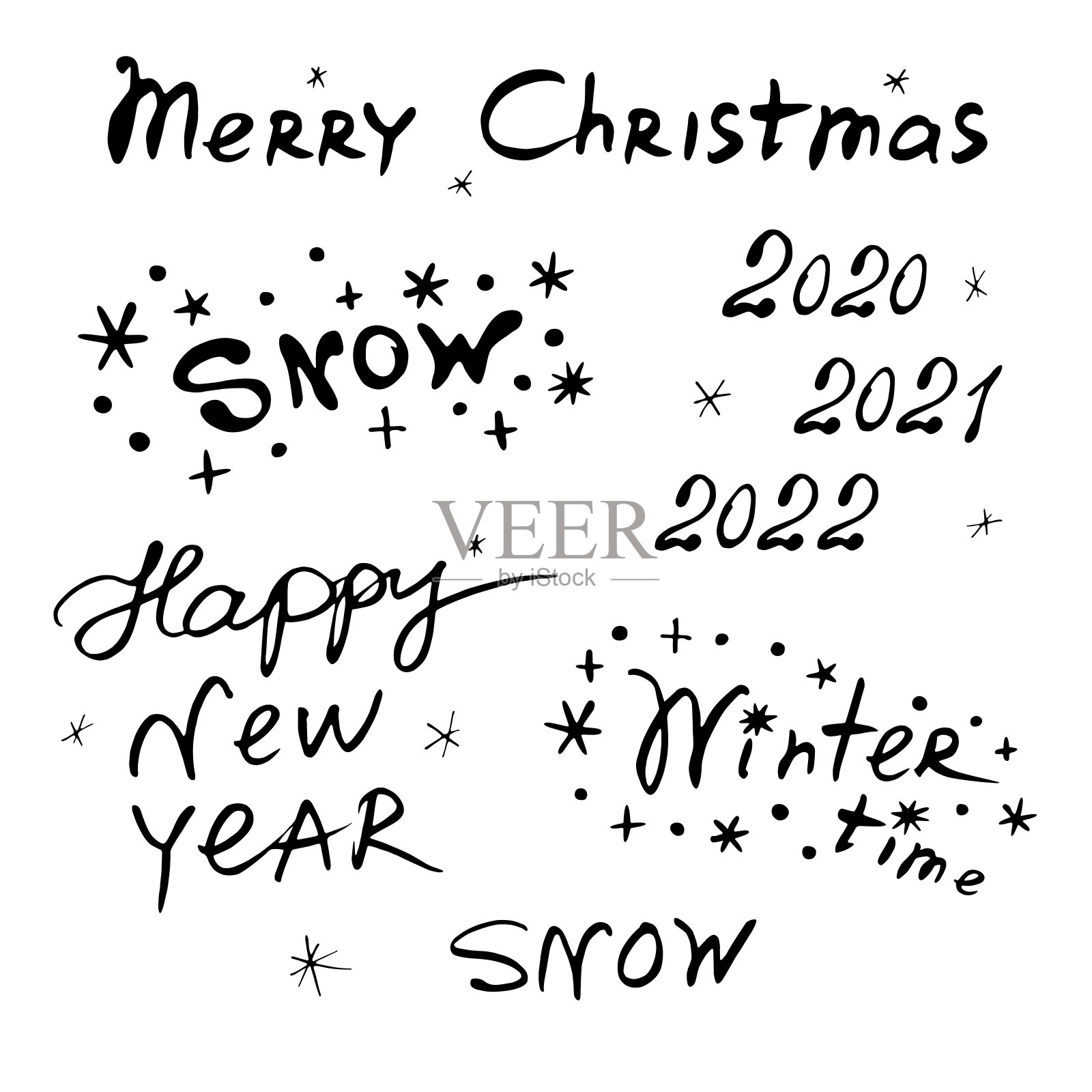集合向量手写黑色书法题词在圣诞节，新年，冬天的主题。字体，剪贴画，贺卡，邀请的设计元素设计元素图片