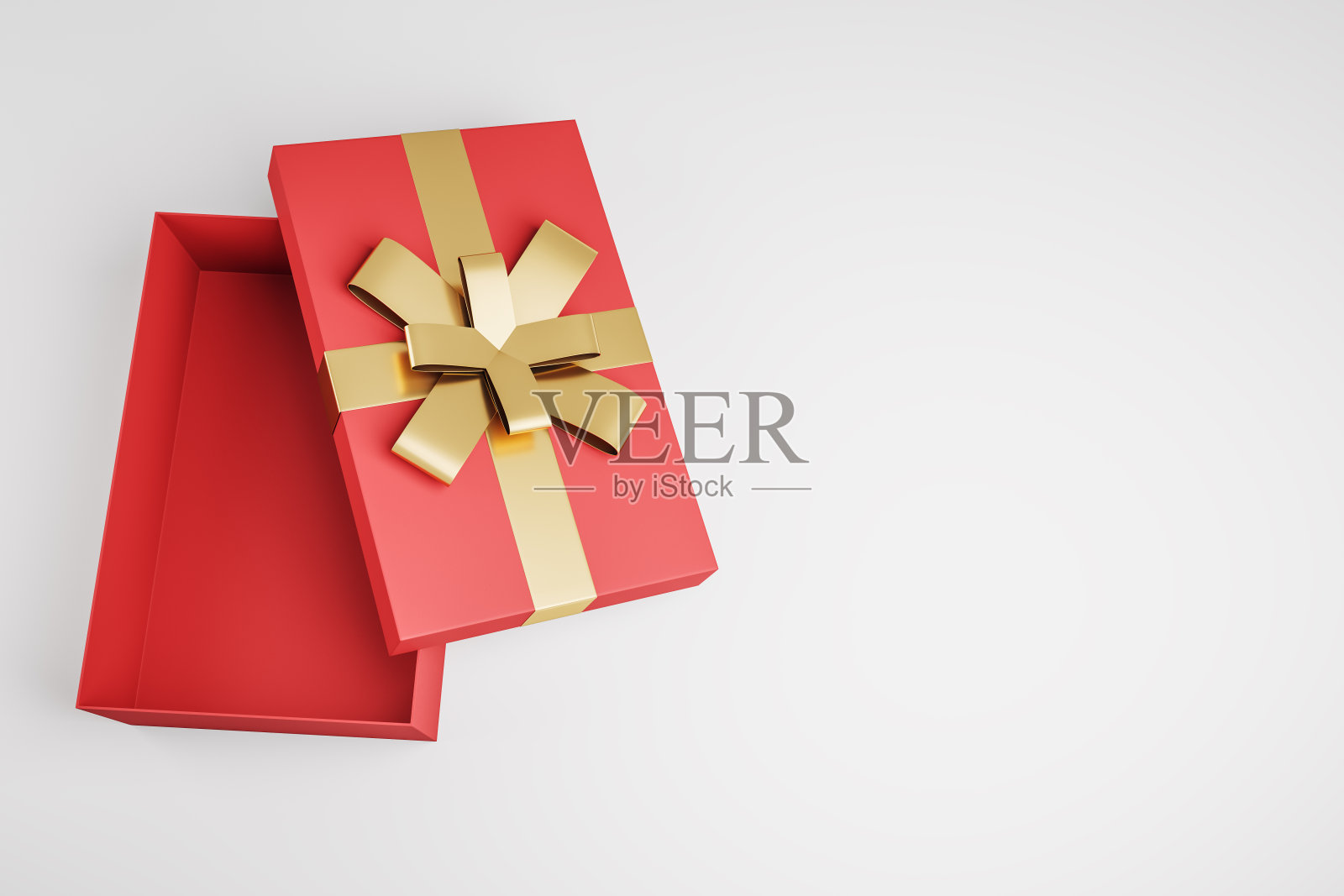 顶视图打开的红色礼物盒在白色的背景与模拟的地方。生日、结婚、周年纪念日和圣诞节庆祝活动。3 d渲染。照片摄影图片