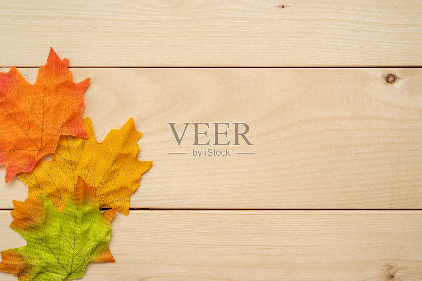 秋天的树叶和木板。照片摄影图片