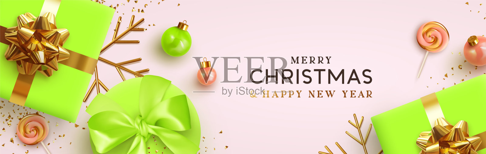 圣诞节的旗帜。背景圣诞设计的现实绿色礼盒，金色3d渲染雪花和闪闪发光的金色五彩纸屑，小球。水平的圣诞海报，贺卡，为网站的标题插画图片素材