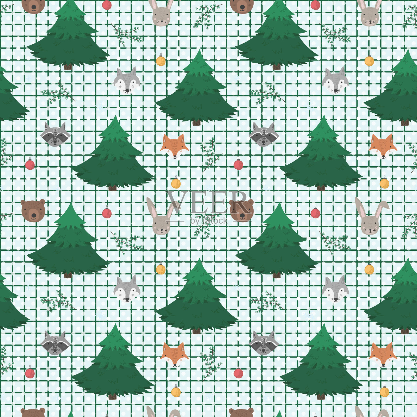 可爱的动物和树的卡通图案插画图片素材