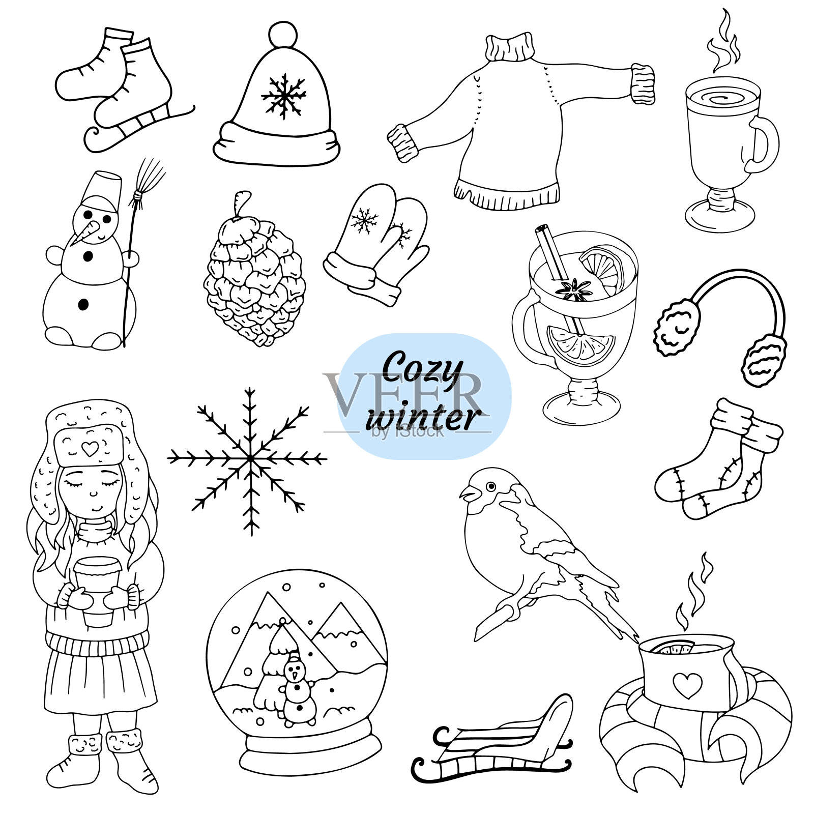 可爱舒适的涂鸦设定在冬天的主题，冬天的图标，涂鸦冬天插画图片素材