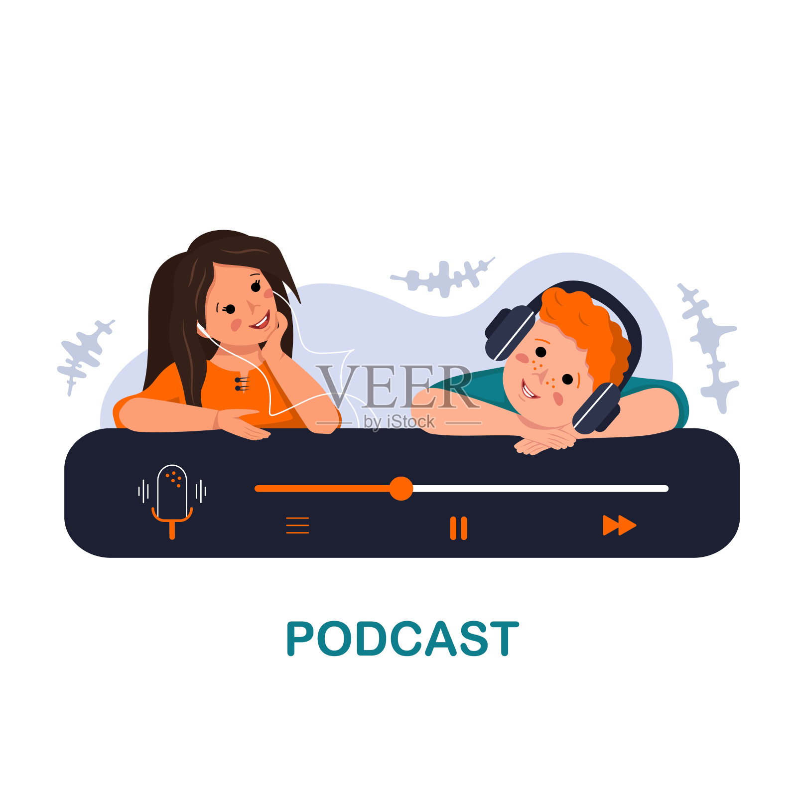 男孩和女孩的笑脸听播客或音乐插画图片素材