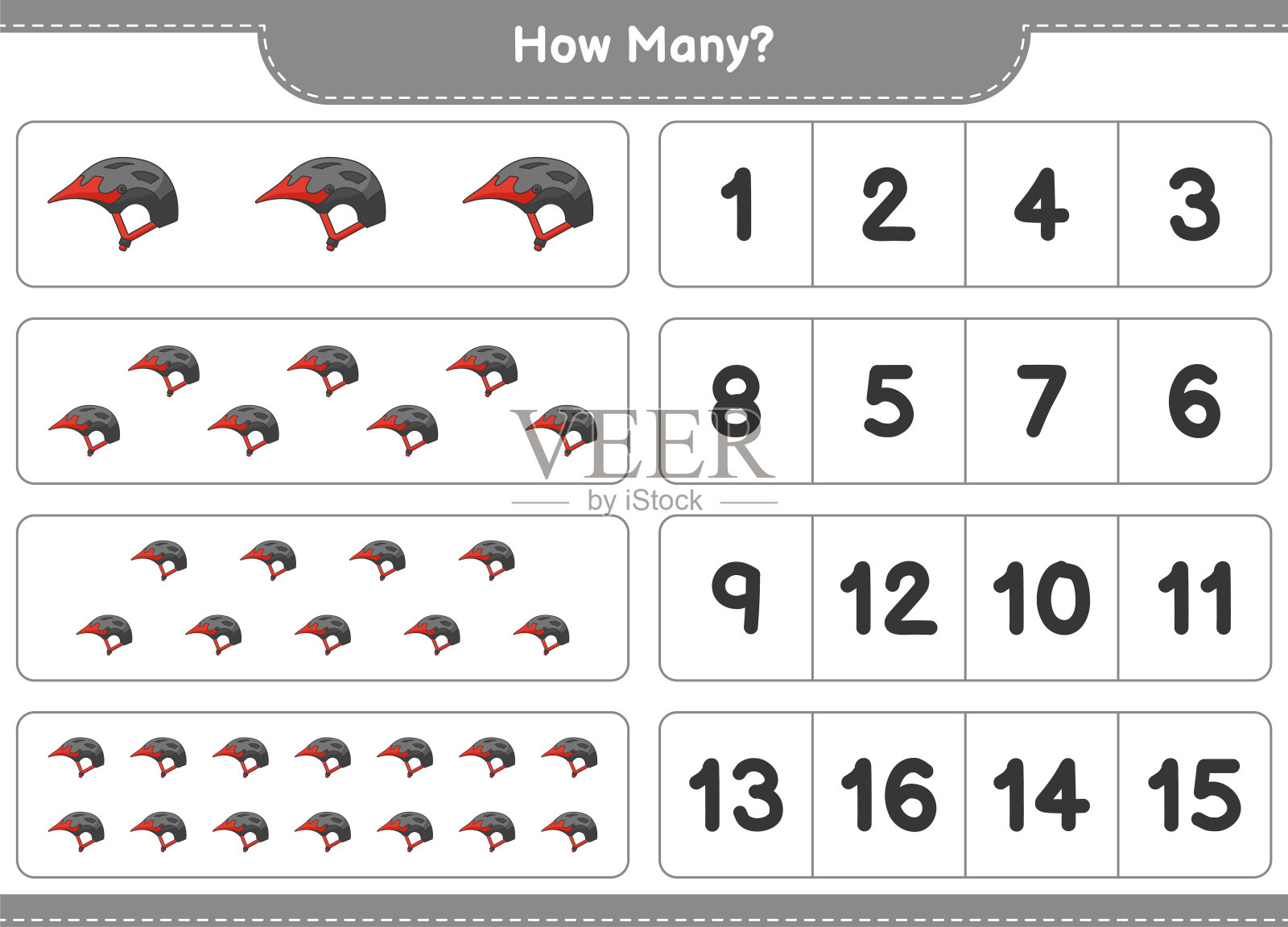数游戏，有多少自行车头盔。教育儿童游戏，可打印的工作表，矢量插图插画图片素材