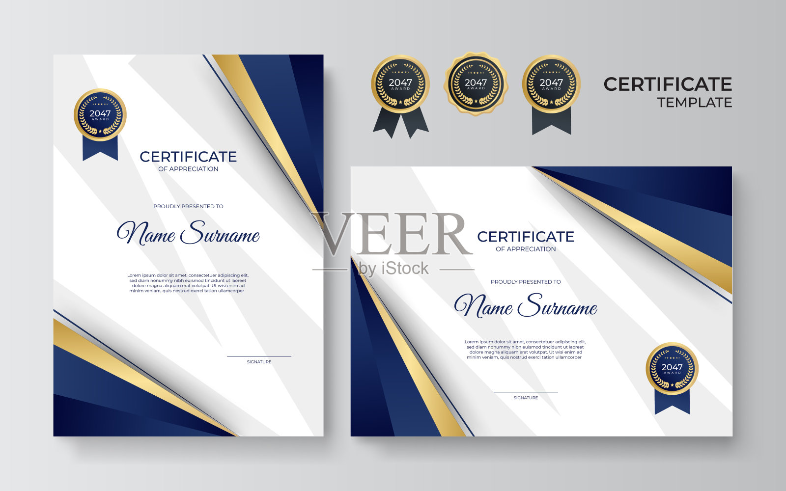 现代优雅的蓝色和金色的企业证书模板。豪华模式证书模板。向量插图premium徽章设计，古董徽章和标签。设计模板素材