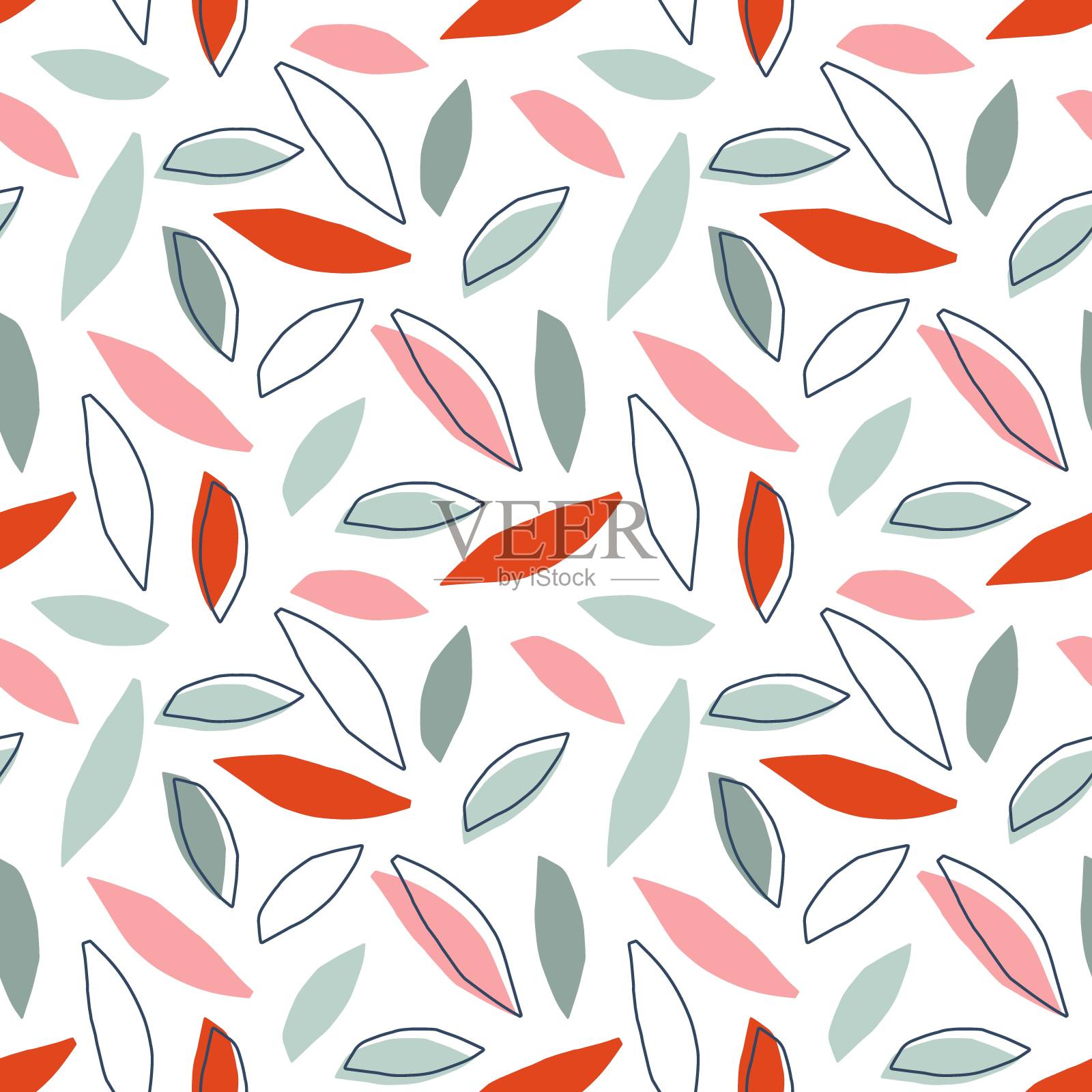 叶子无缝模式。幼稚可爱的涂鸦素描背景。花药草设计元素。植物树枝叶。用于印刷，纺织，织物，包装纸，墙纸，剪贴簿的植物模式插画图片素材