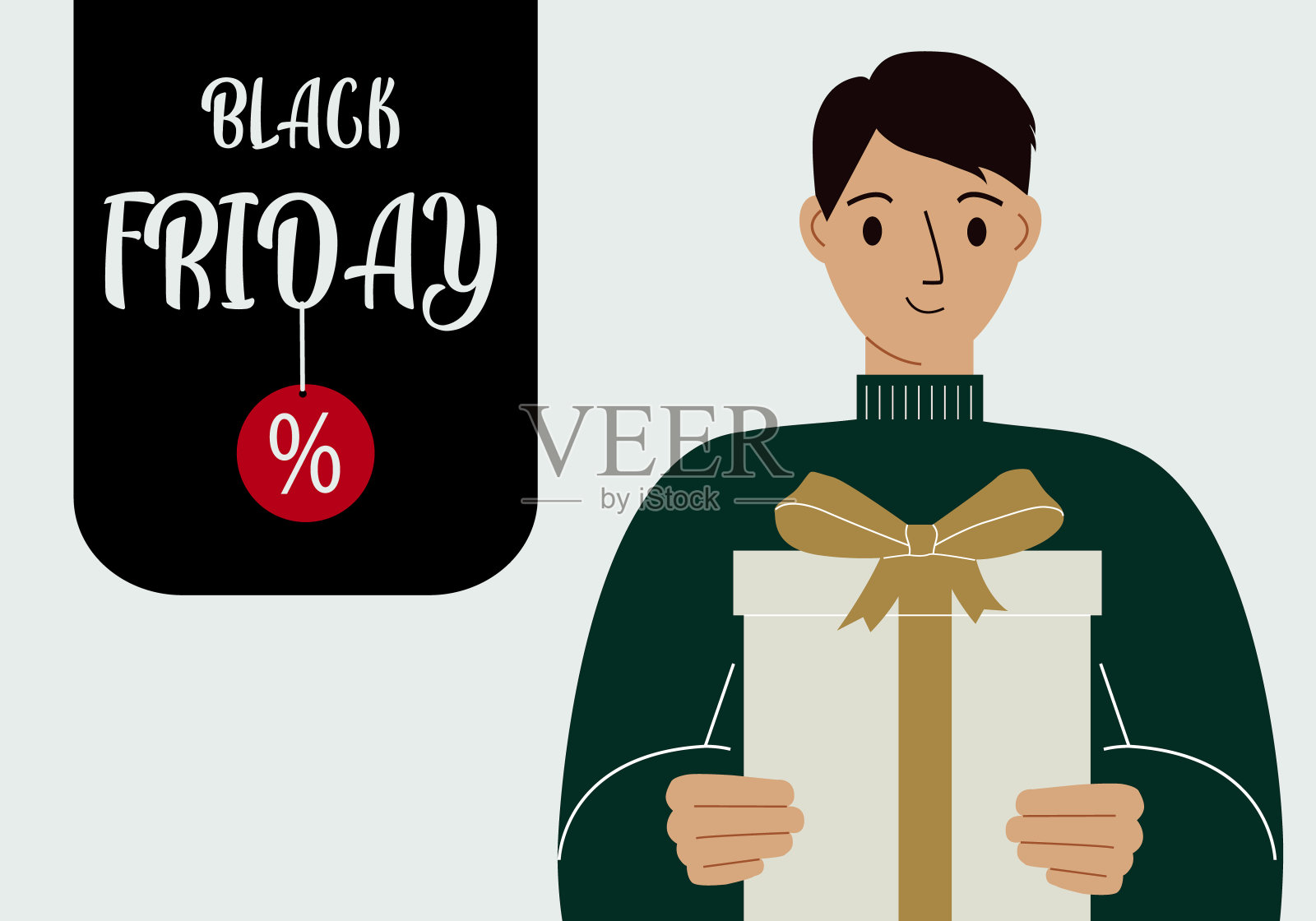 “黑色星期五”的横幅。拿着礼品盒的年轻人。在浅色背景上有一个大蝴蝶结的礼品盒插画图片素材