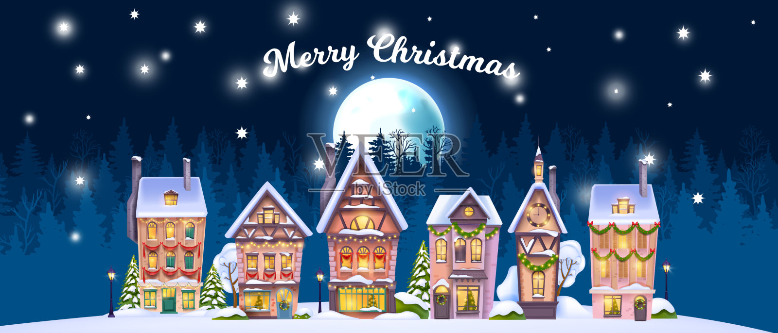 圣诞冬屋景观，向量假日圣诞村背景，小北镇，满月。插画图片素材