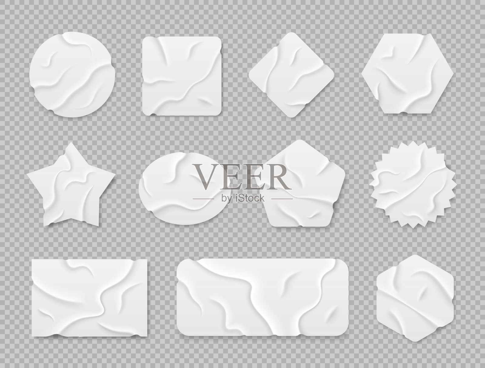 套白色不干胶不干胶不干胶。胶带片设置，隔离在透明背景上。插画图片素材